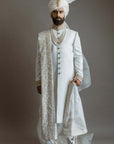 White Embroidered Jamawar Sherwani - royal sherwani for groom