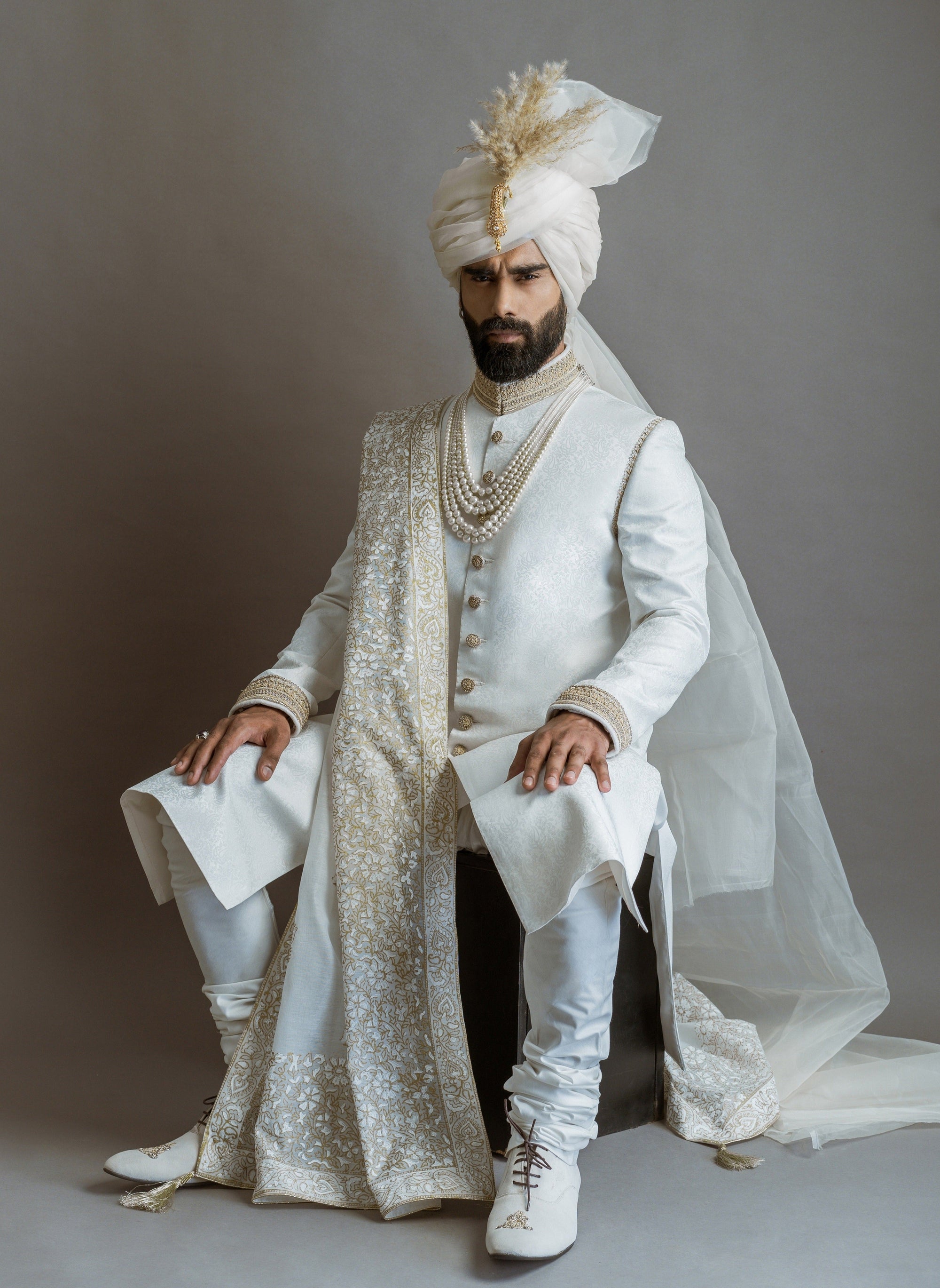 White Embroidered Jamawar Sherwani - royal sherwani for groom
