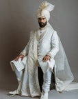White Embroidered Jamawar Sherwani - royal sherwani for groom