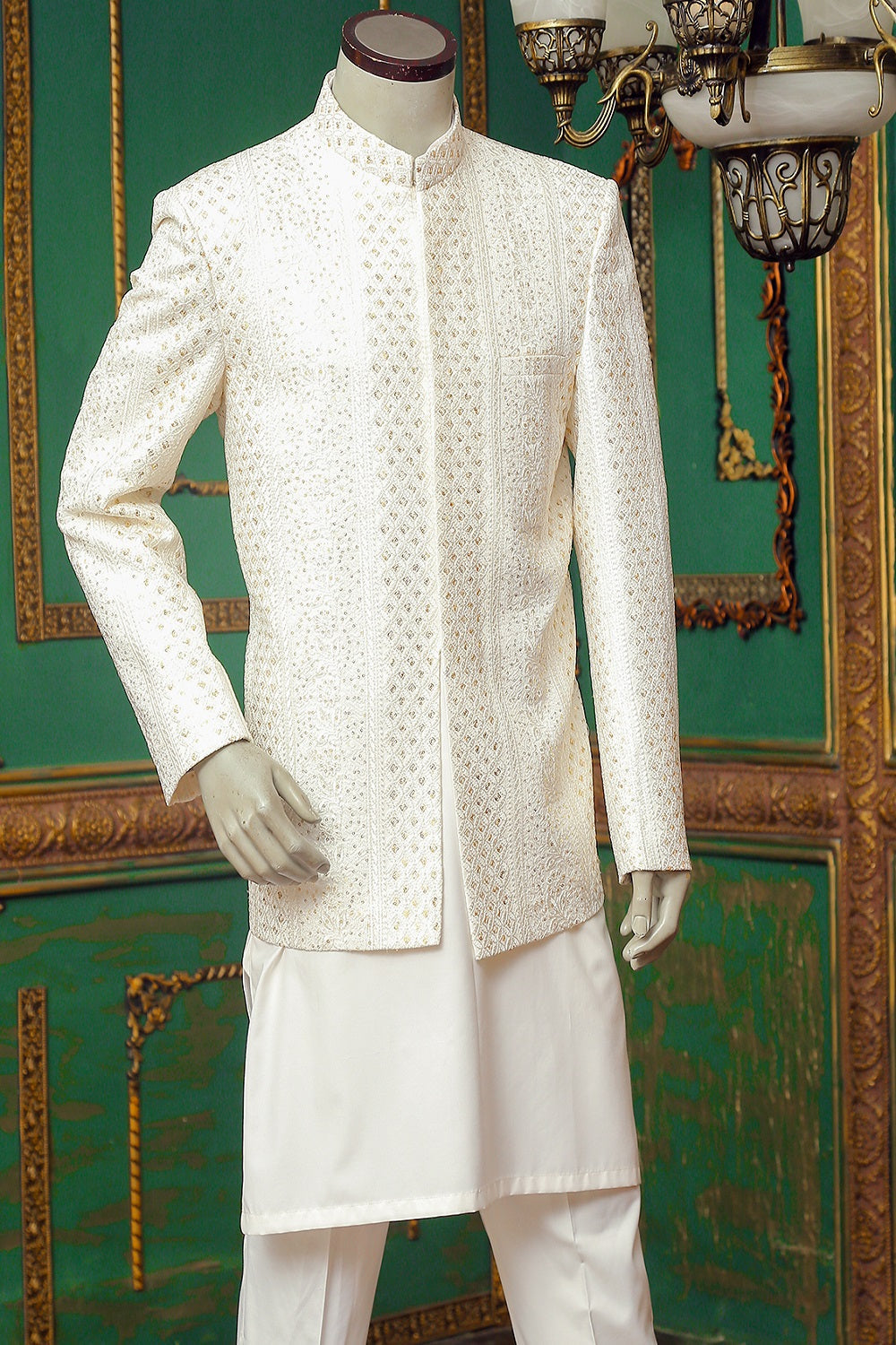 White Prince Coat With Embroidered Resham Sequence - prince coat for men