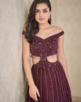 Wine Crystal Off Shoulder Gown - indian ethnic gown