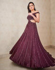 Wine Crystal Off Shoulder Gown - indian ethnic gown