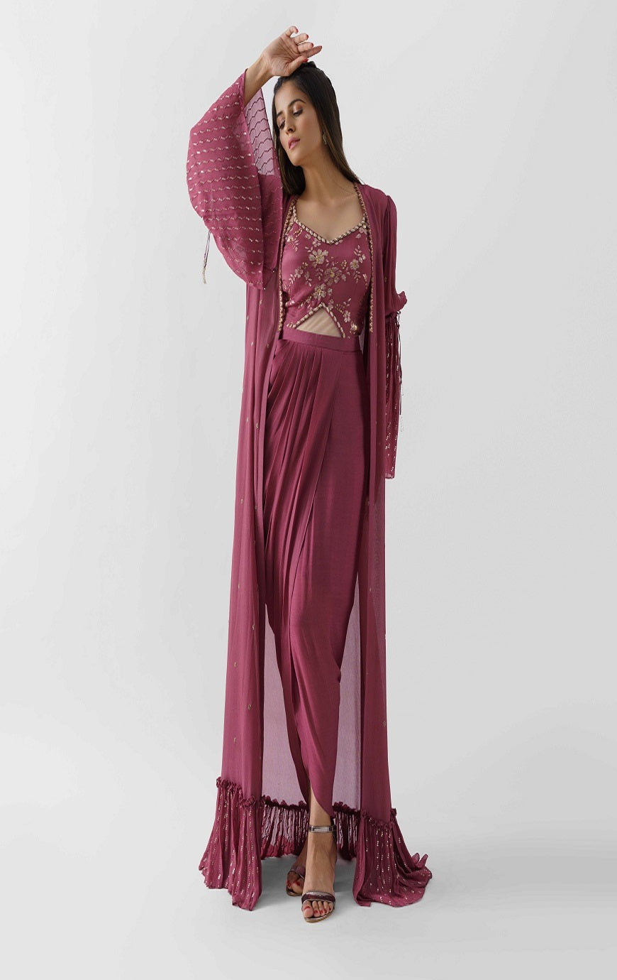 Wine Embroidered Draped Dress with Jacket – WaliaJones