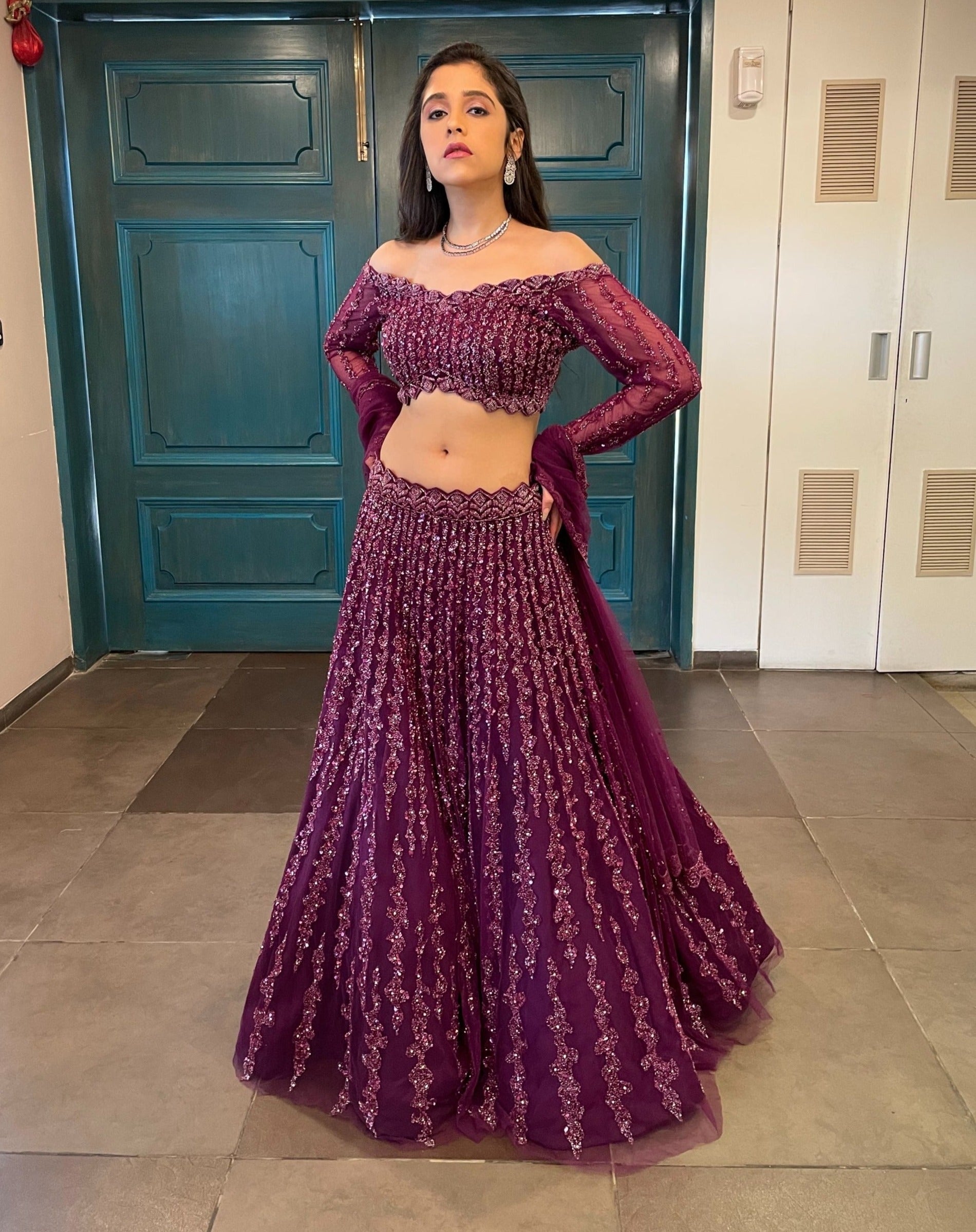 Wine Lehenga Set - dark purple lehenga