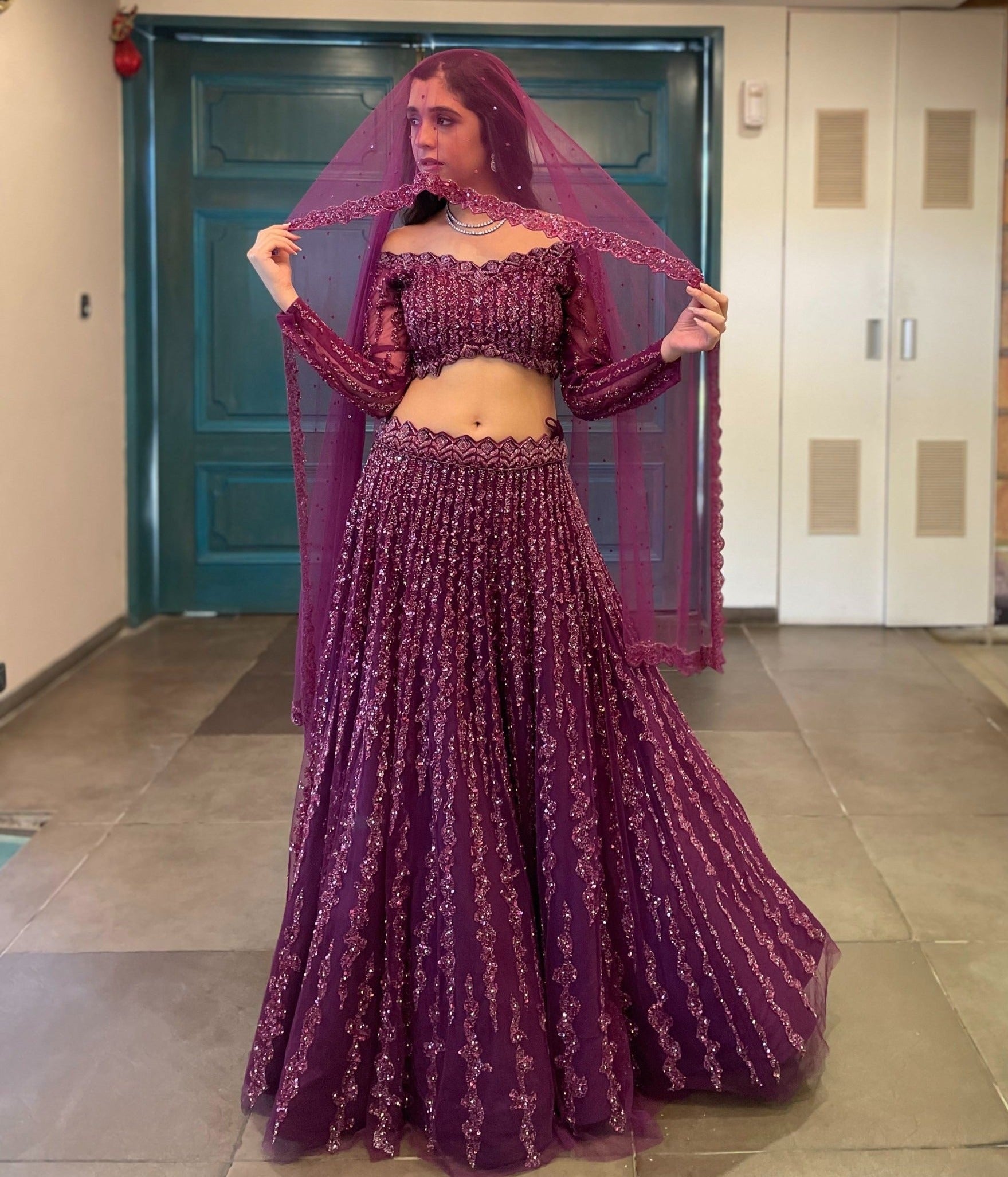 Wine Lehenga Set - dark purple lehenga