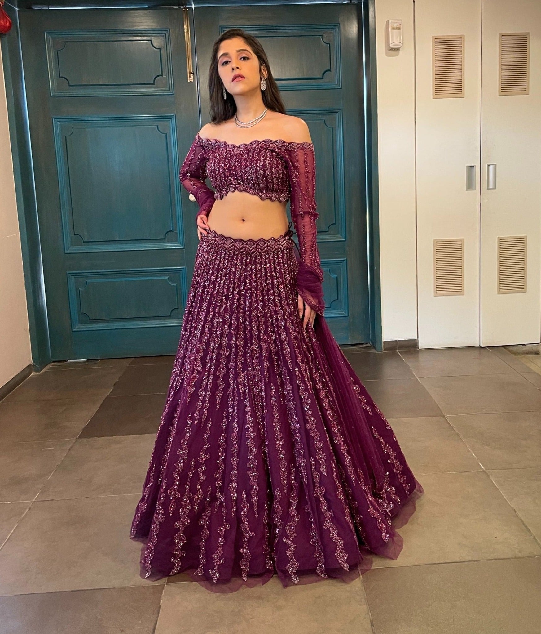 Wine Lehenga Set - dark purple lehenga