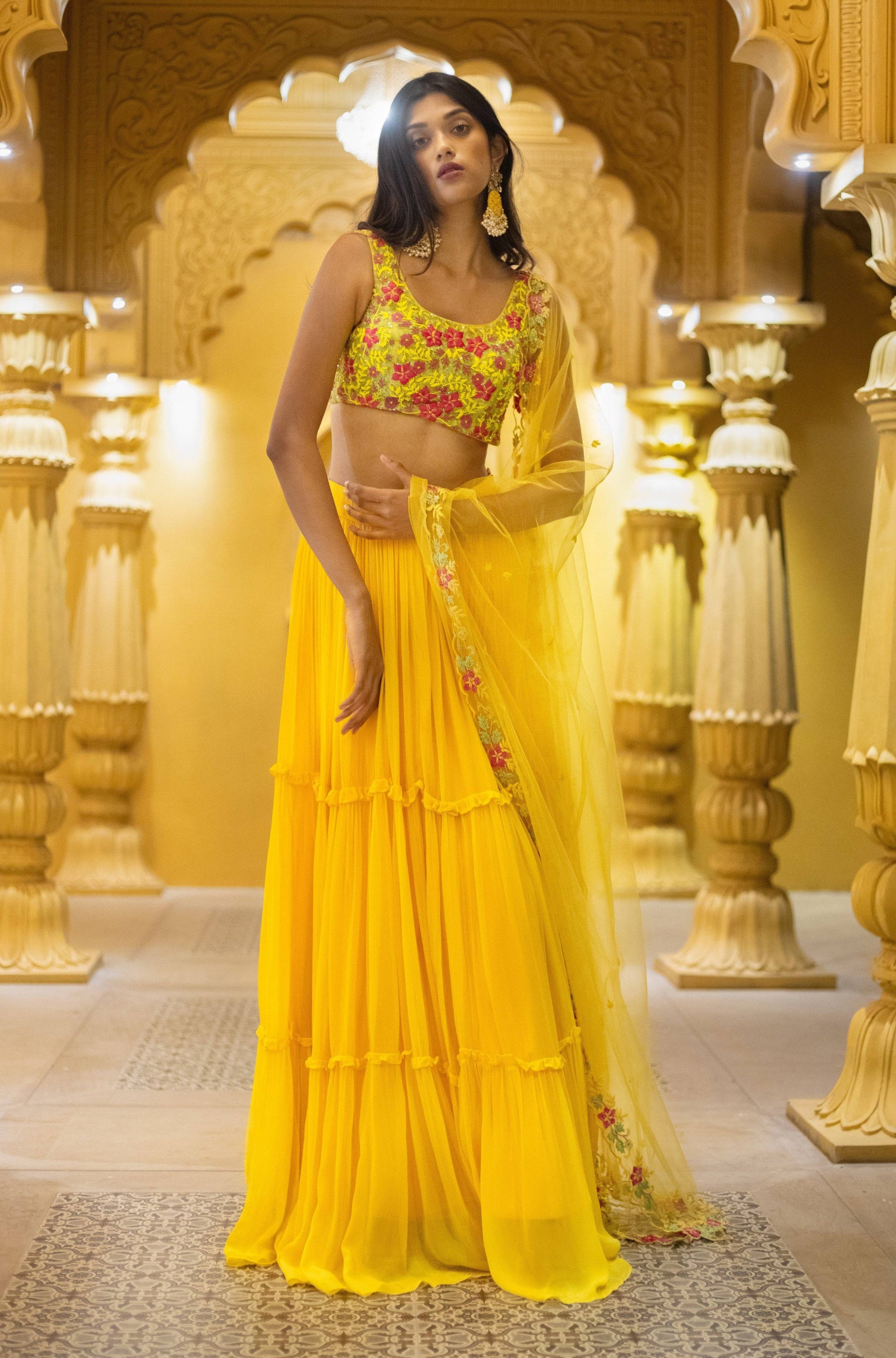 Yellow Embroidered Blouse And Dupatta With Tiered Skirt - yellow lehenga