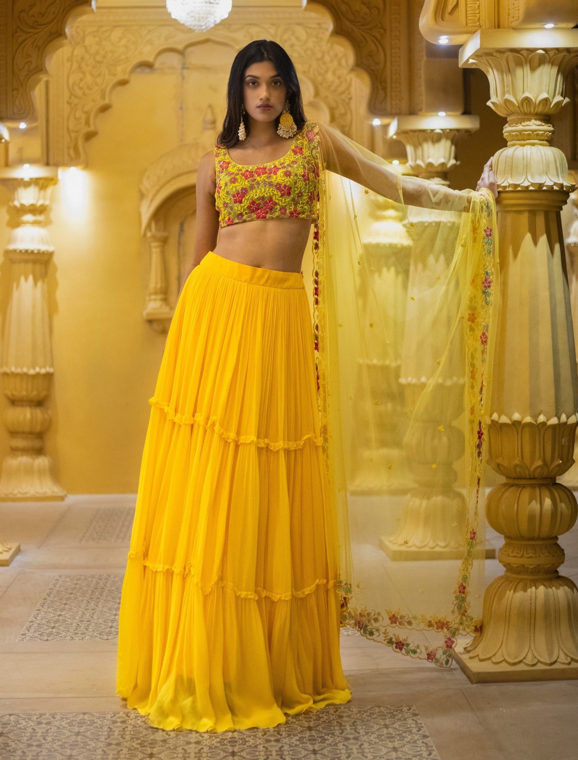 Yellow Embroidered Blouse And Dupatta With Tiered Skirt - yellow lehenga