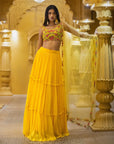 Yellow Embroidered Blouse And Dupatta With Tiered Skirt - yellow lehenga