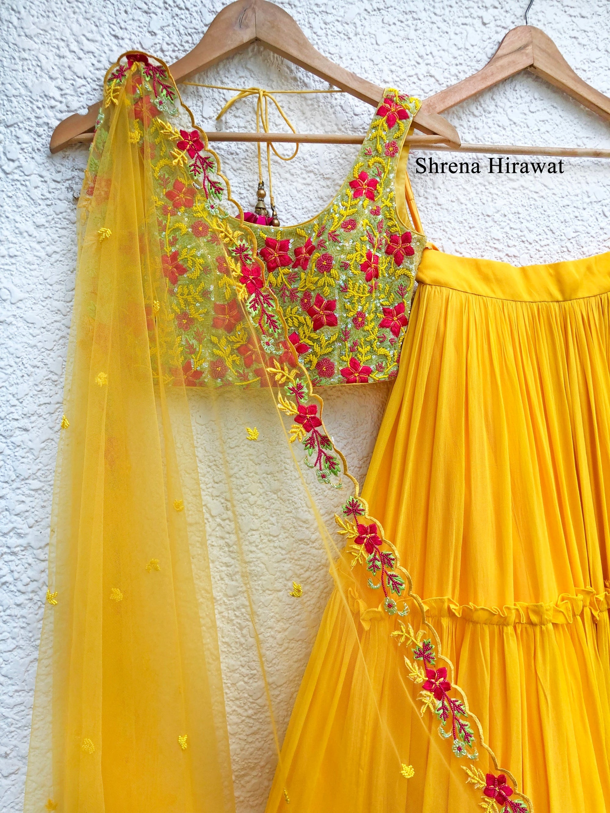 Yellow Embroidered Blouse And Dupatta With Tiered Skirt - yellow lehenga