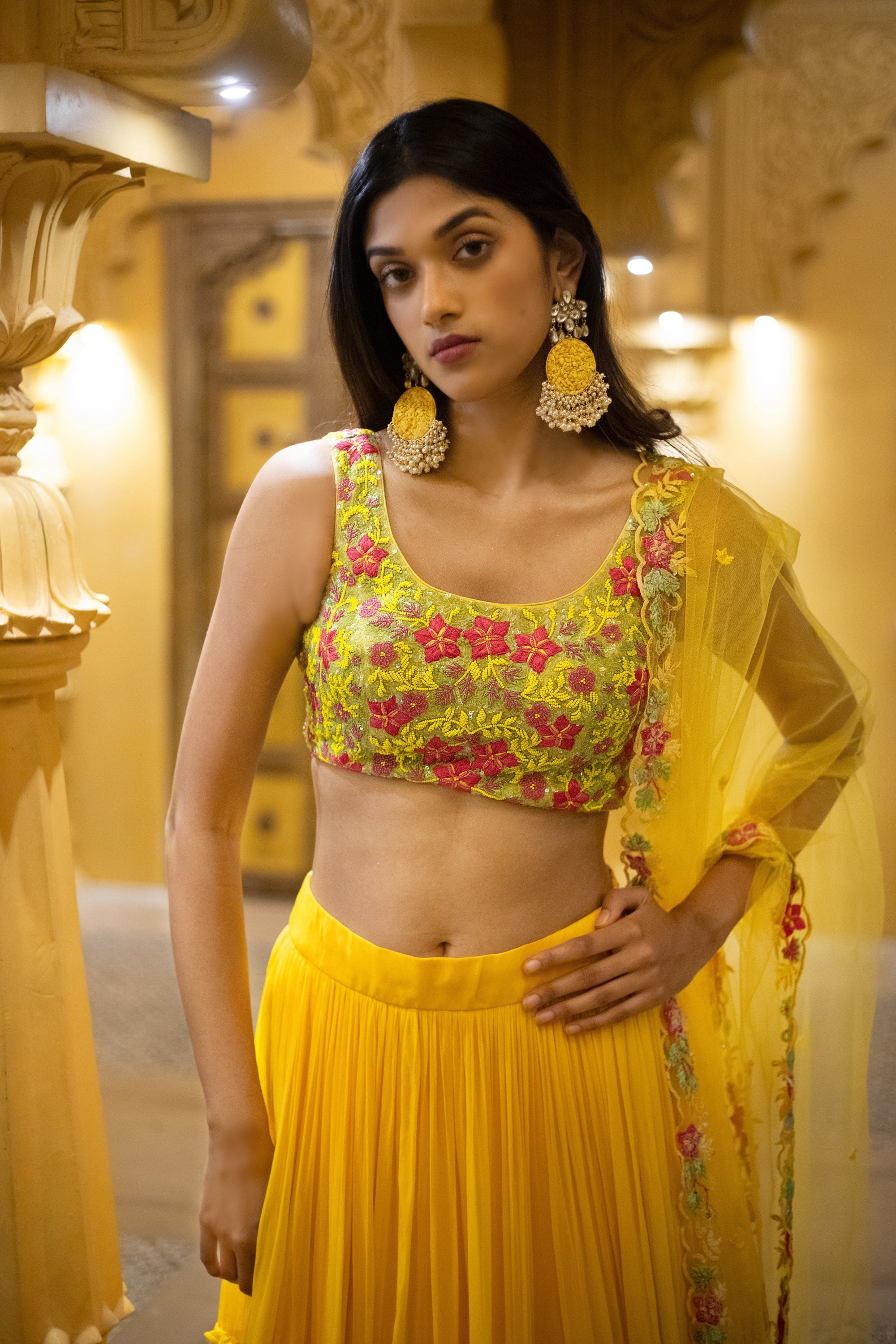 Yellow Embroidered Blouse And Dupatta With Tiered Skirt - yellow lehenga