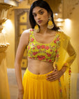 Yellow Embroidered Blouse And Dupatta With Tiered Skirt - yellow lehenga