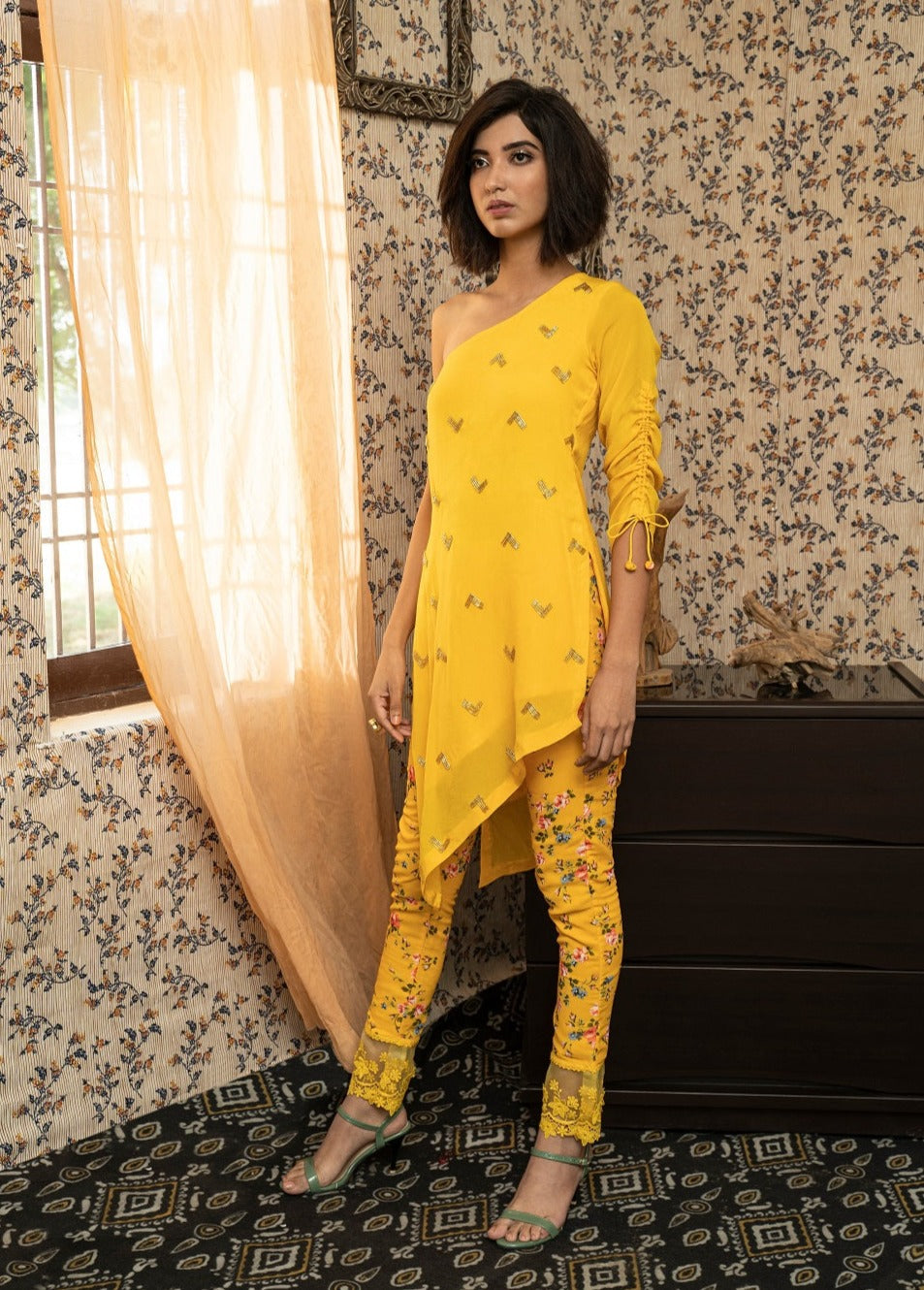 Yellow One Shoulder Crepe Tunic Set - yellow dress