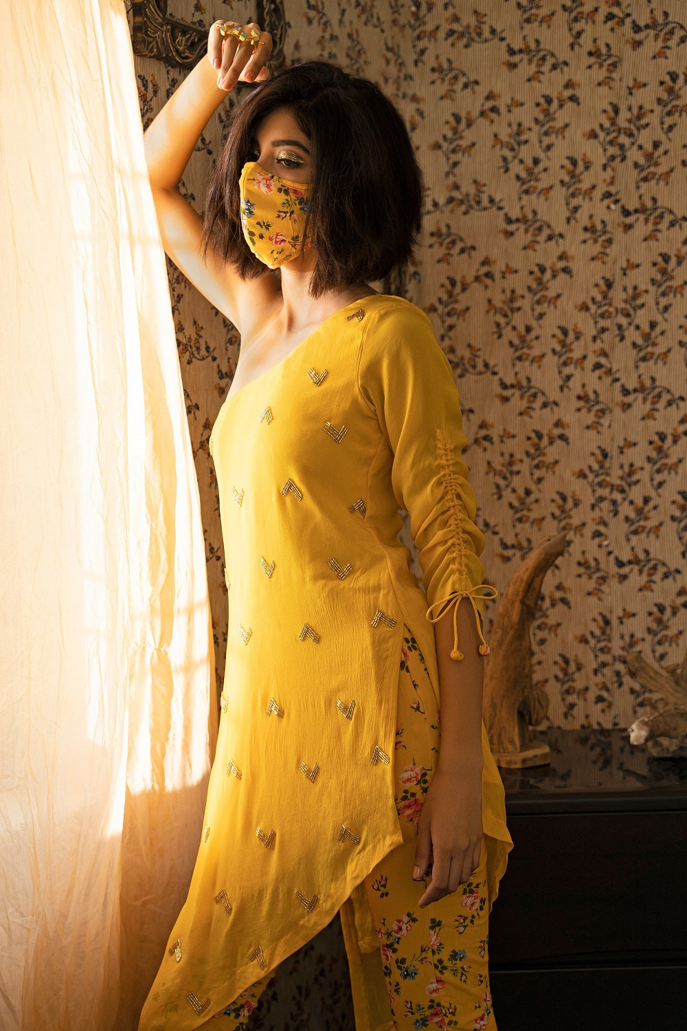 Yellow One Shoulder Crepe Tunic Set - yellow dress