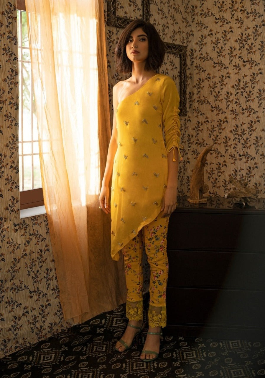 Yellow One Shoulder Crepe Tunic Set - yellow dress