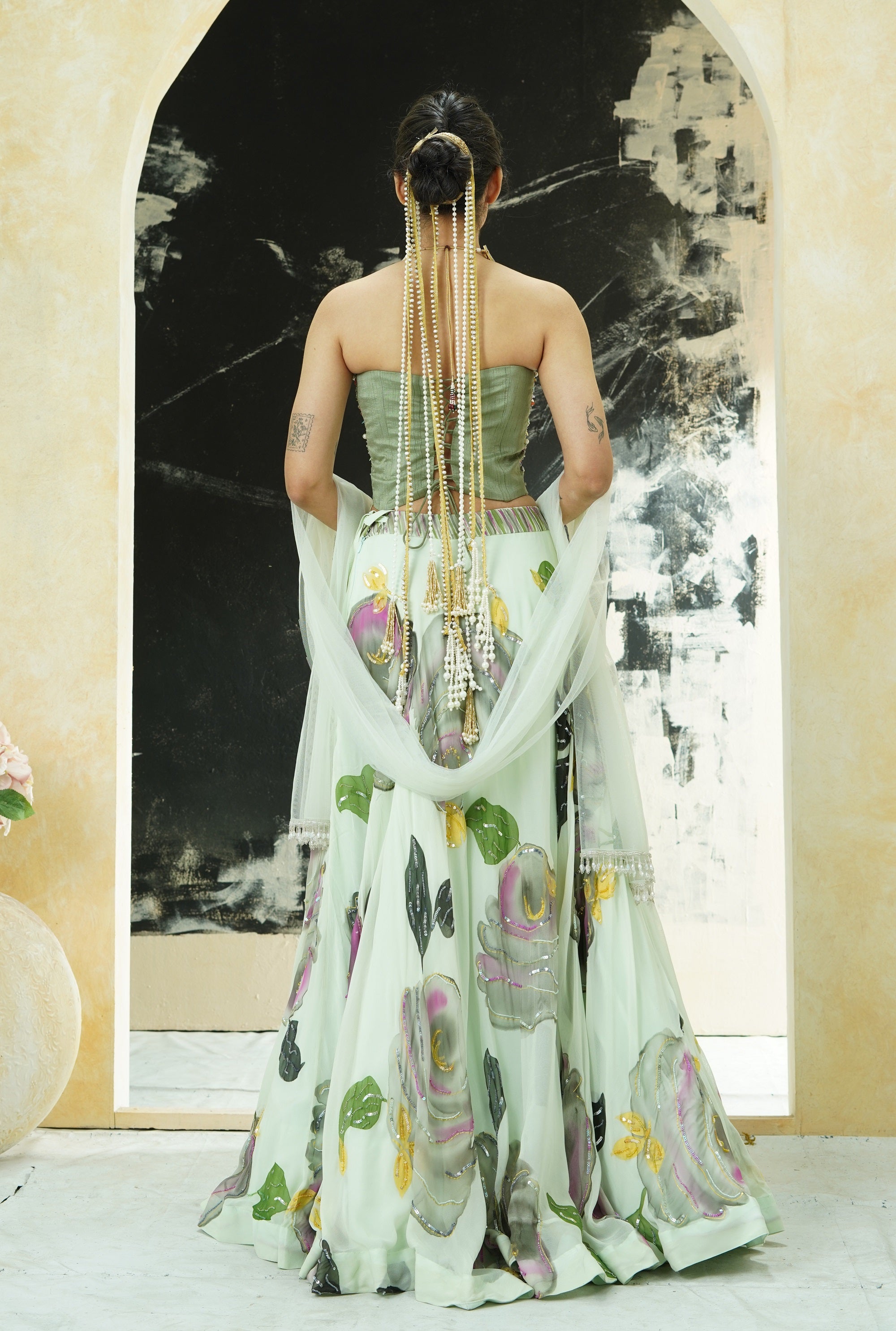 Mint Green Hand Painted Lehenga and Green Corset