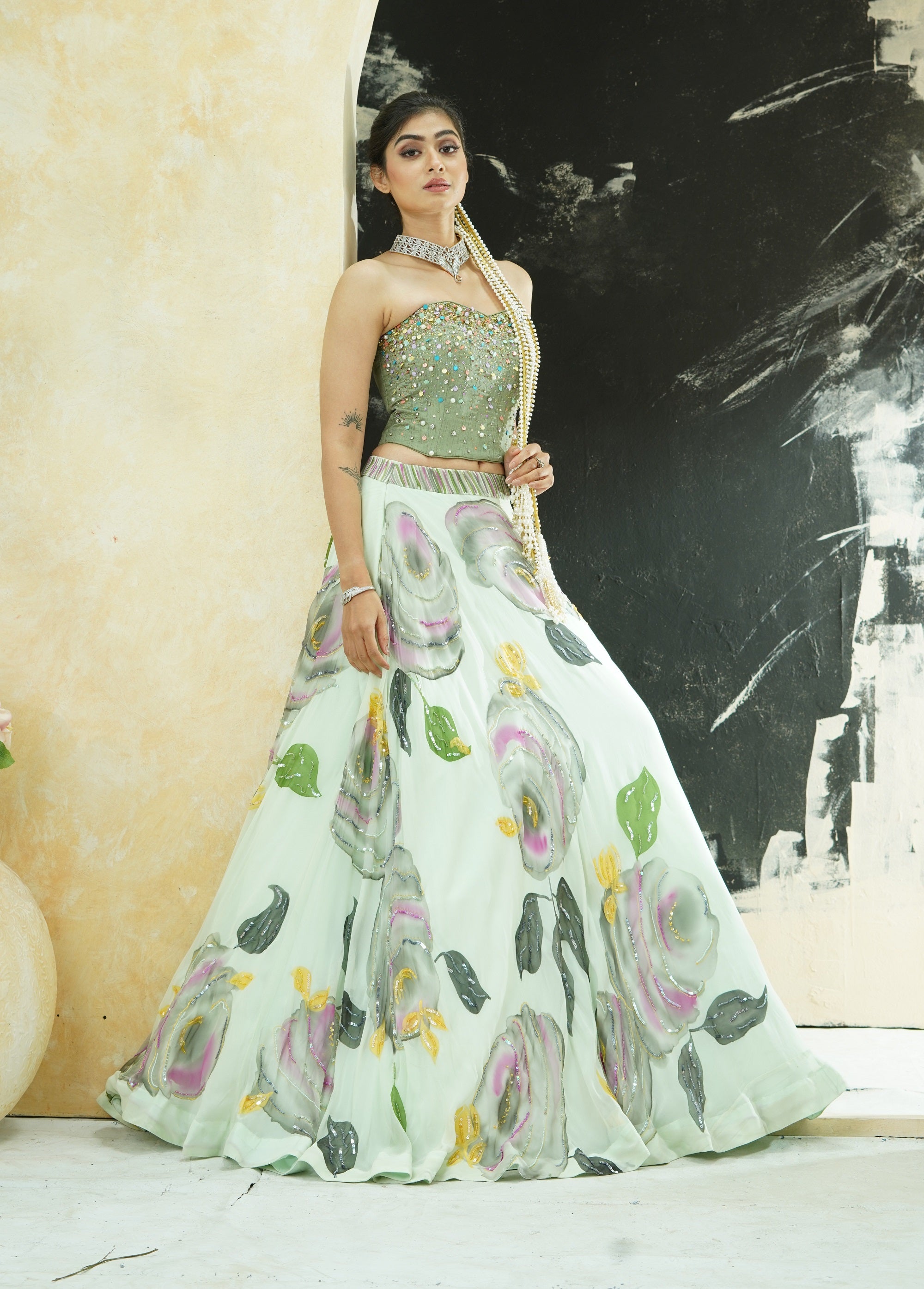 Mint Green Hand Painted Lehenga and Green Corset