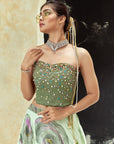 Mint Green Hand Painted Lehenga and Green Corset