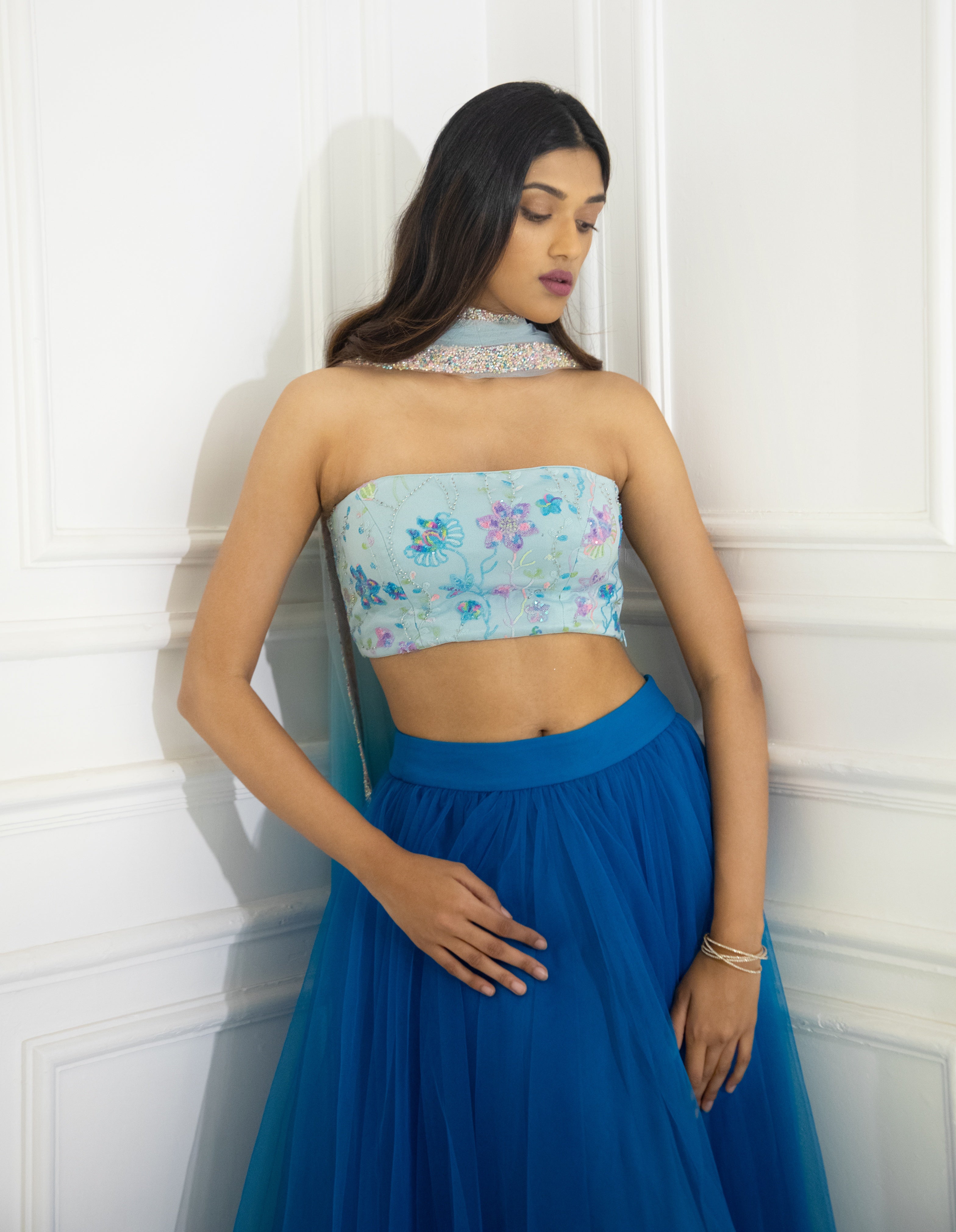 Azure Blue Multi Sequins Blouse with Tulle Skirt and Ombre Dupatta