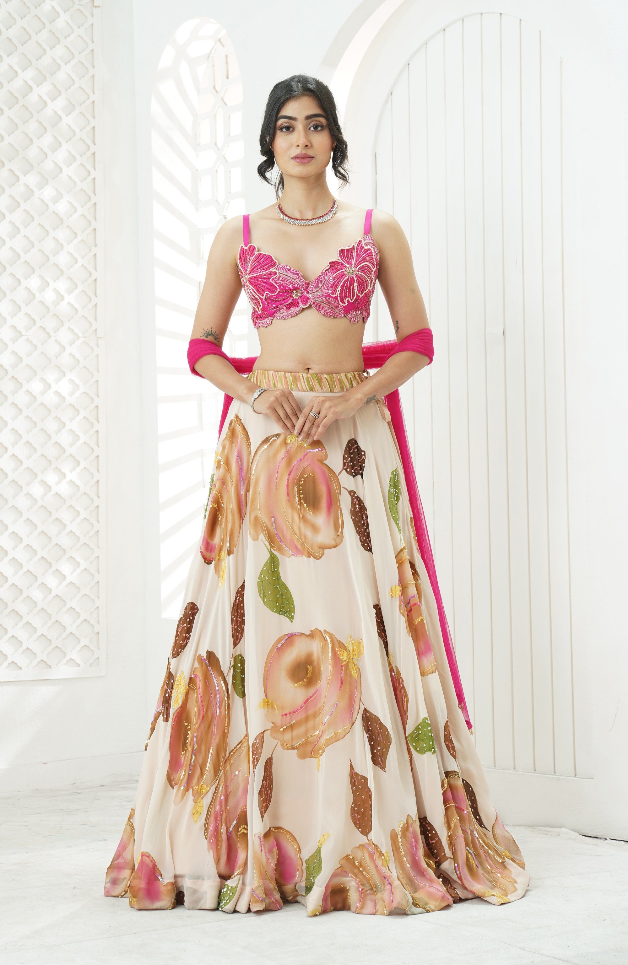 Baby Pink Hand Painted Lehenga and Embroidered Bralette Set
