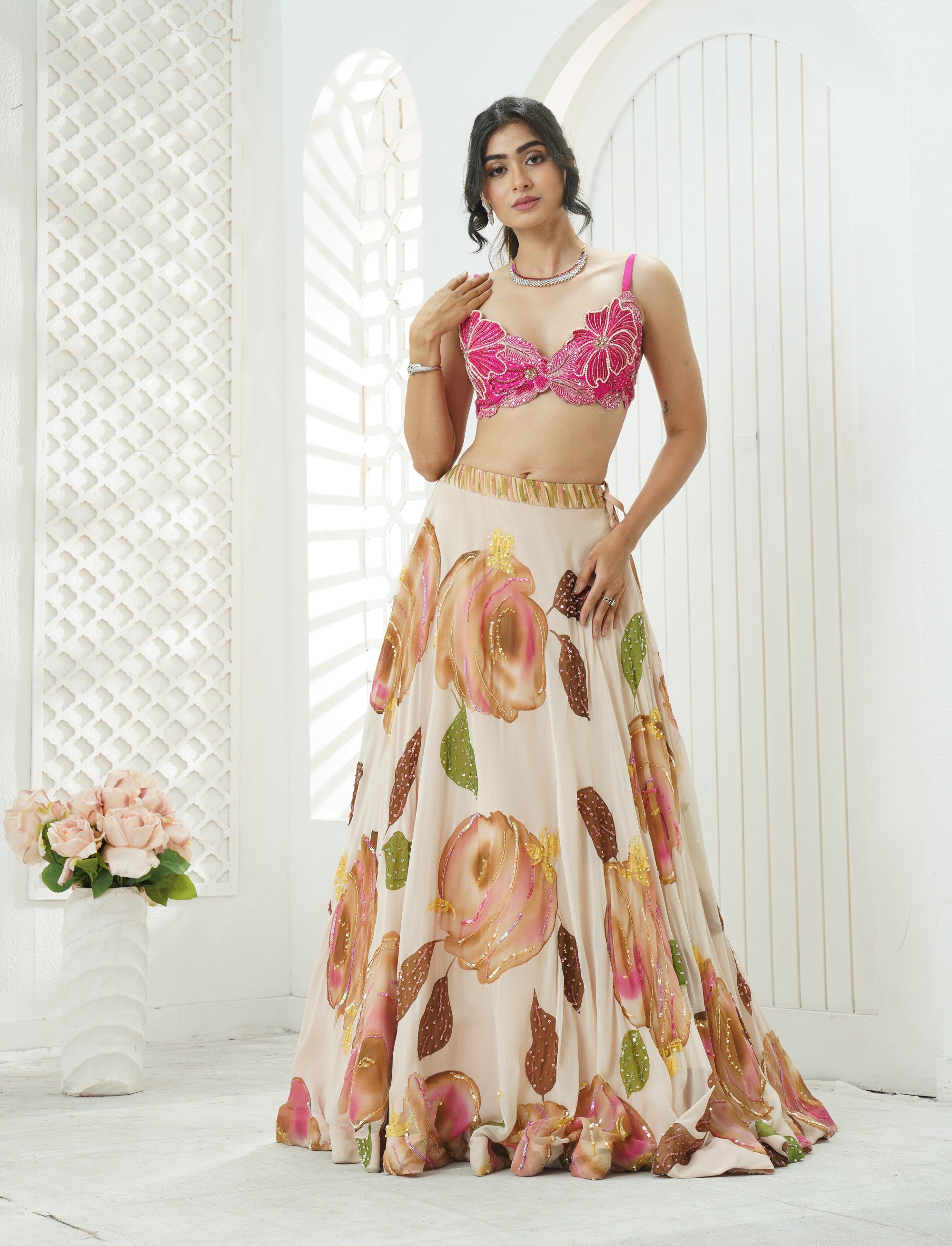 Baby Pink Hand Painted Lehenga and Embroidered Bralette Set