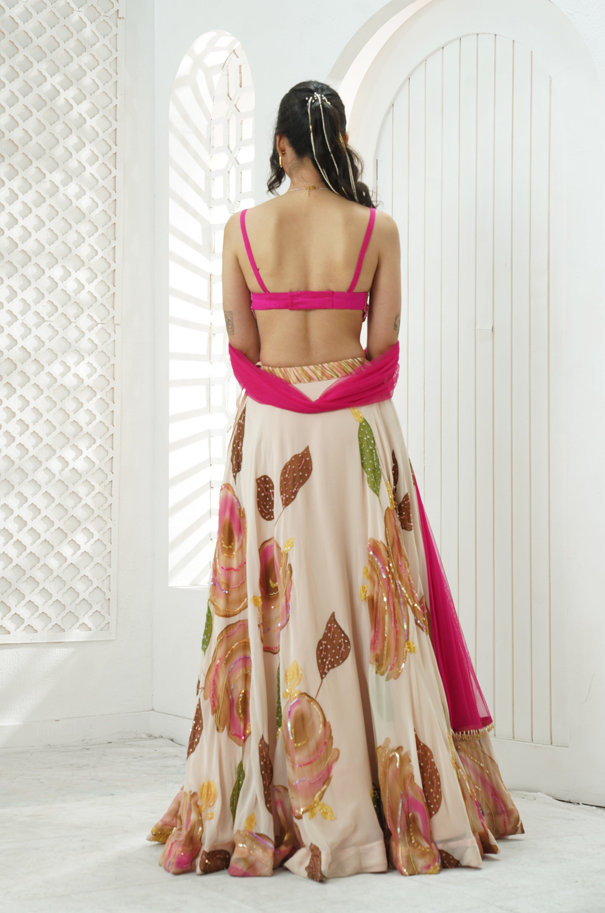 Baby Pink Hand Painted Lehenga and Embroidered Bralette Set