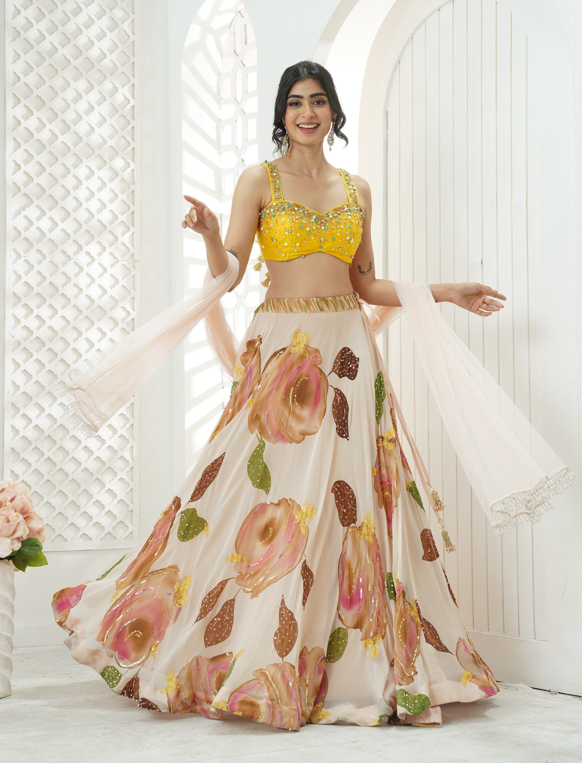 Baby Pink Hand Painted Lehenga and Embroidered Yellow Blouse
