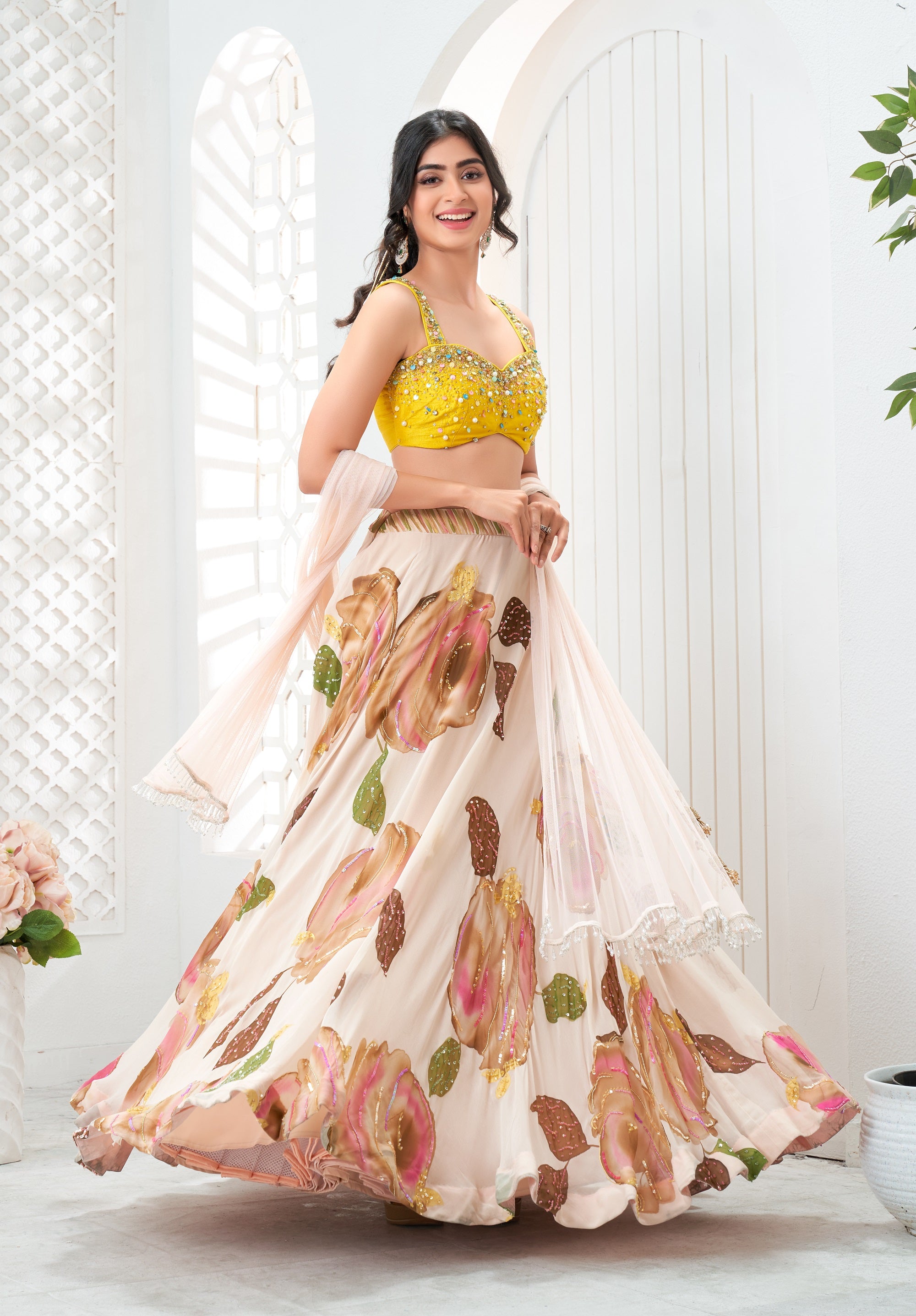 Baby Pink Hand Painted Lehenga and Embroidered Yellow Blouse