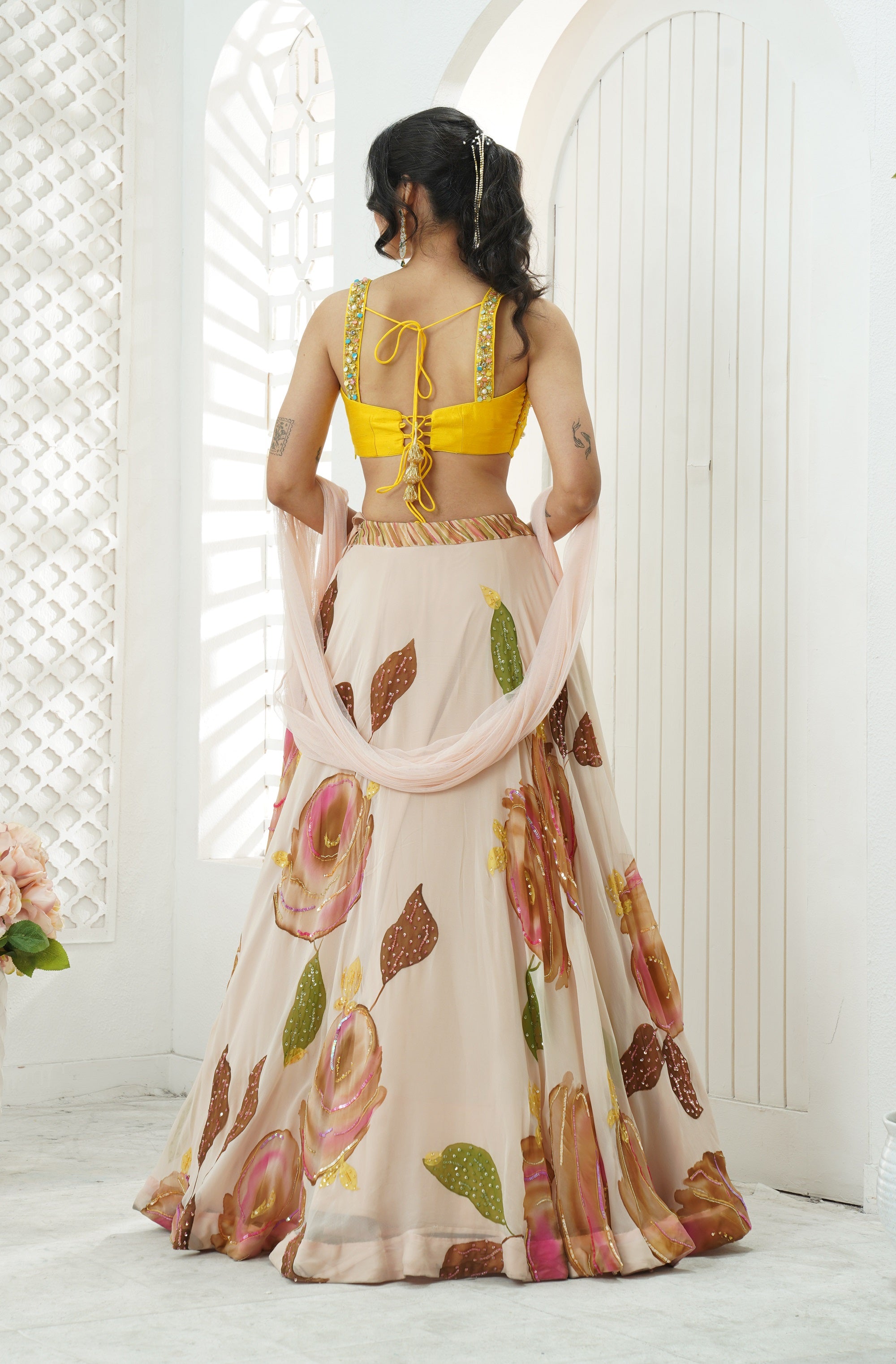 Baby Pink Hand Painted Lehenga and Embroidered Yellow Blouse