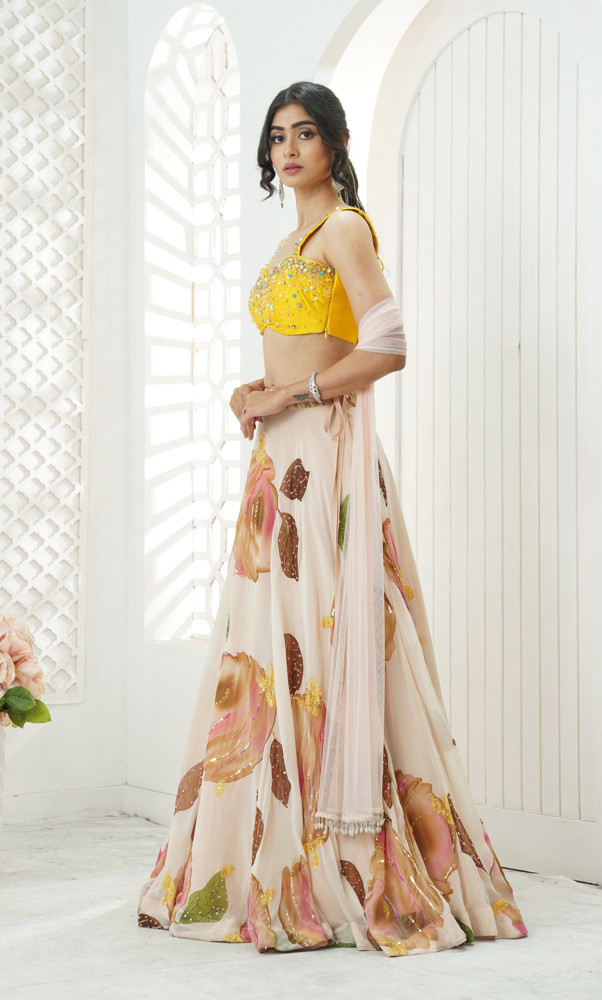 Baby Pink Hand Painted Lehenga and Embroidered Yellow Blouse