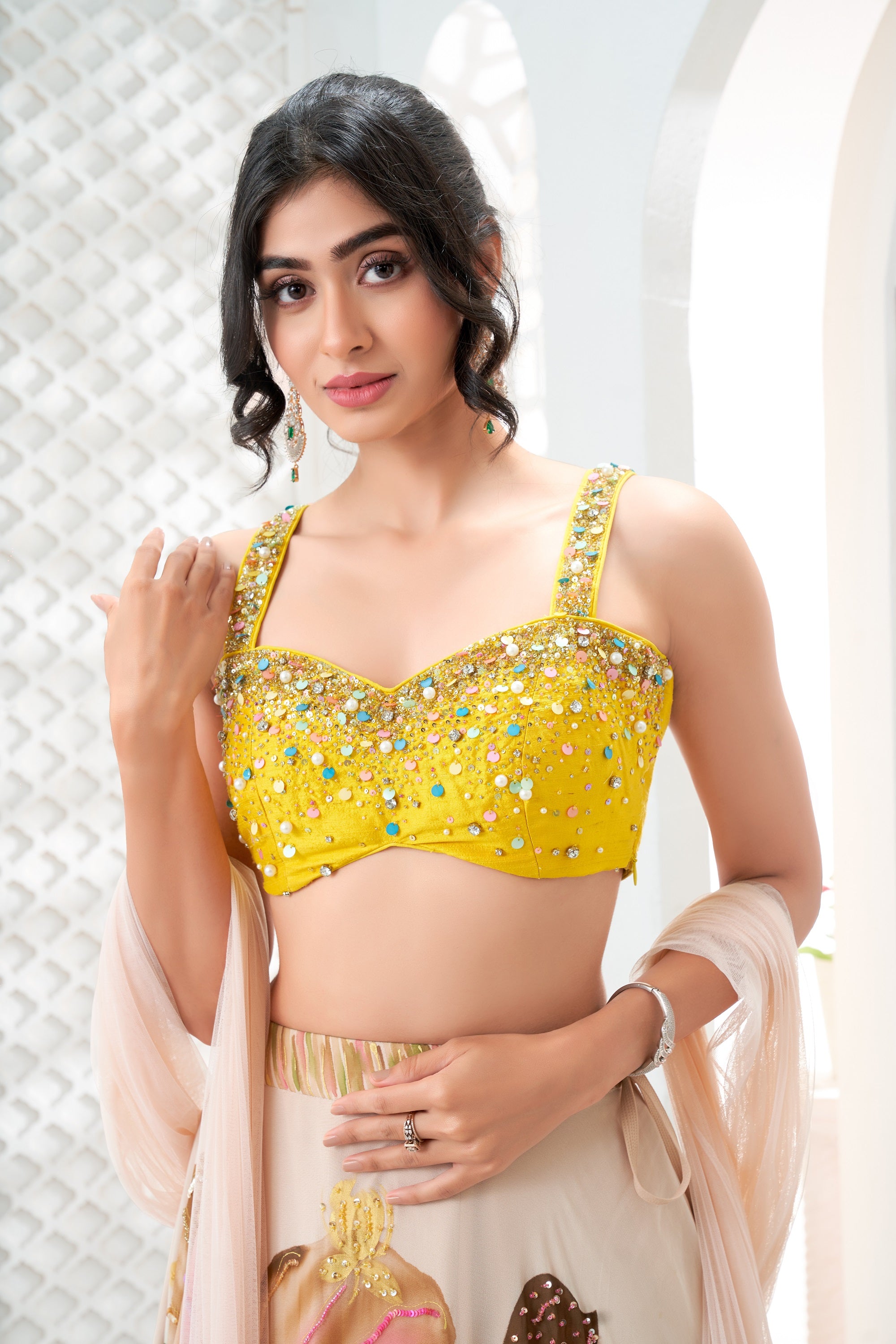 Baby Pink Hand Painted Lehenga and Embroidered Yellow Blouse