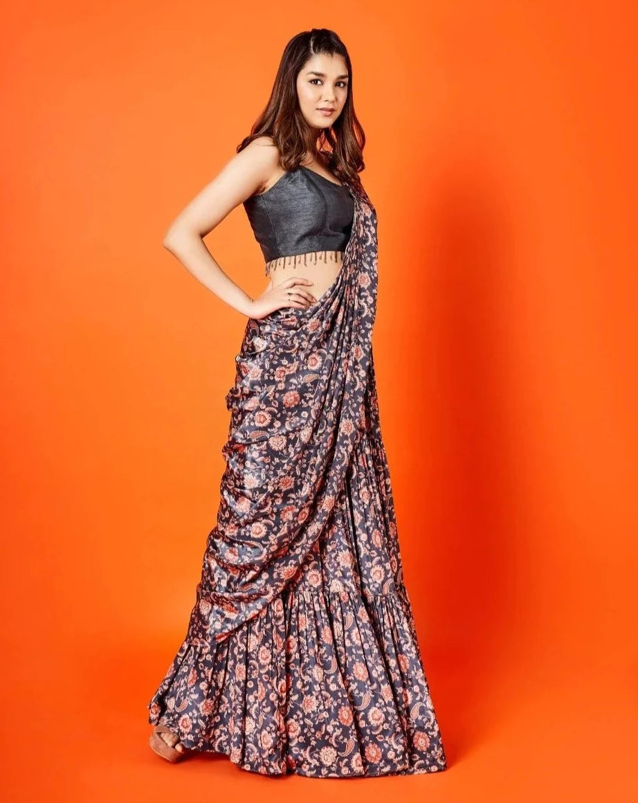Black & Oyster Beige Paisley Floral Skirt Set - indian attire USA