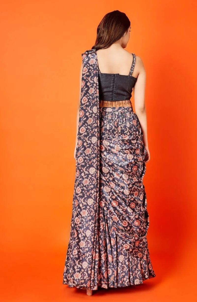 Black & Oyster Beige Paisley Floral Skirt Set - indian attire USA