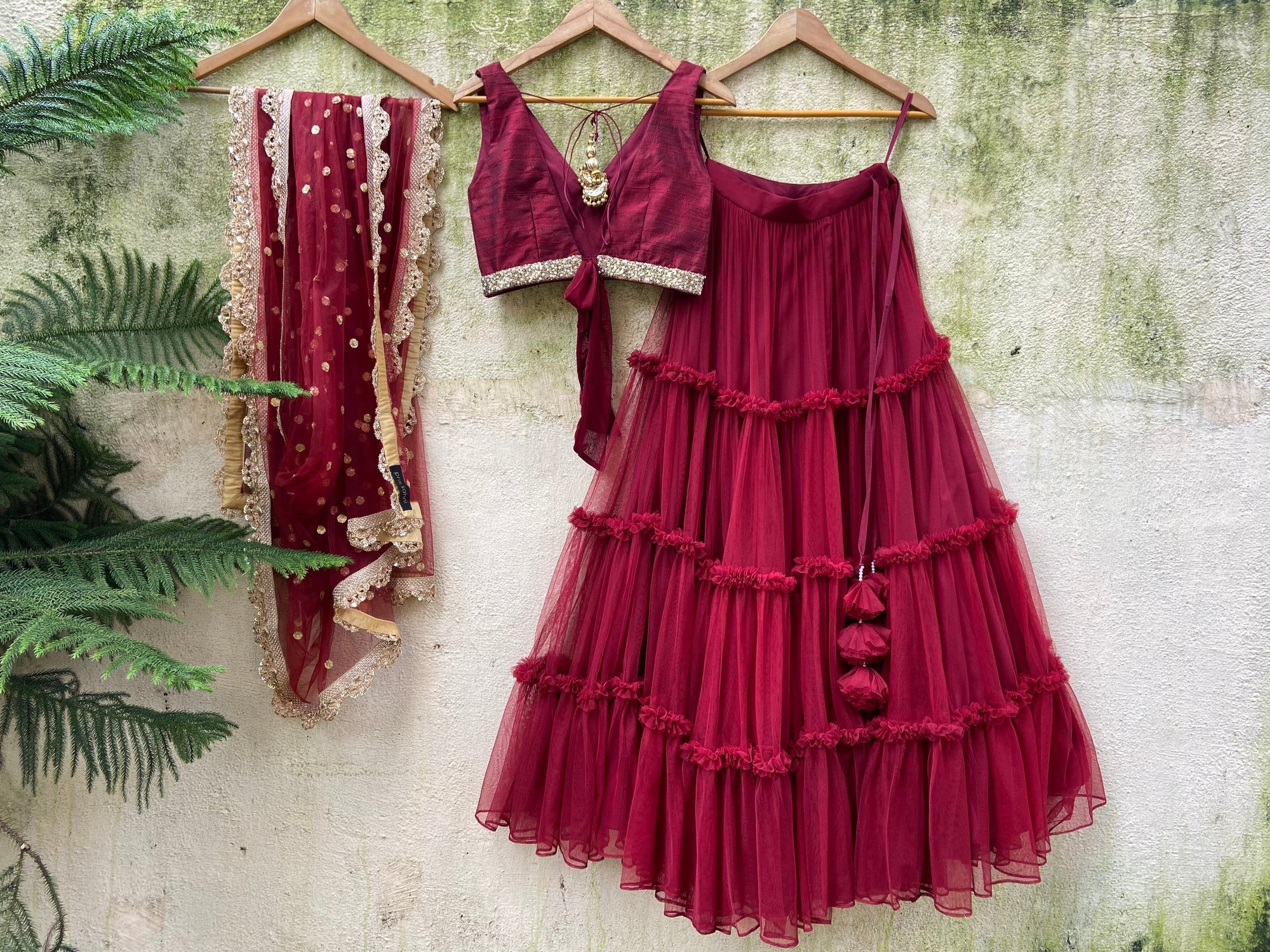 Burgundy Tier and Ruffle Set - burgundy ruffle lehenga USA