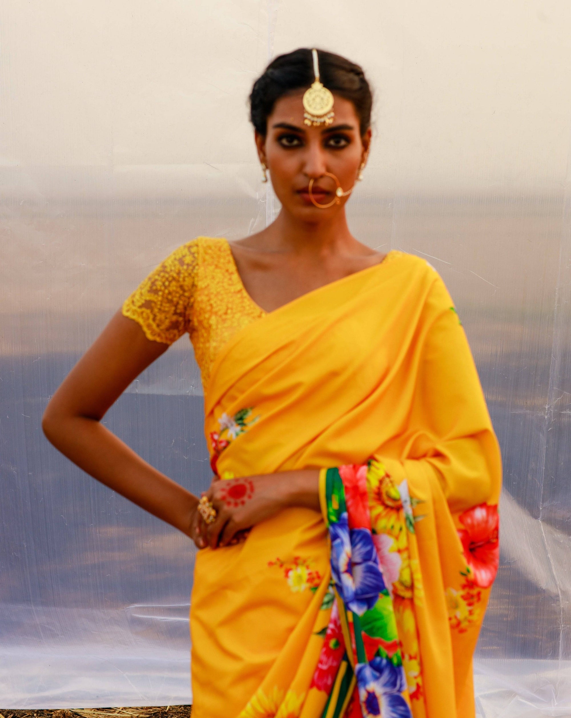 Crepe Printed Saree - yellow saree Australia