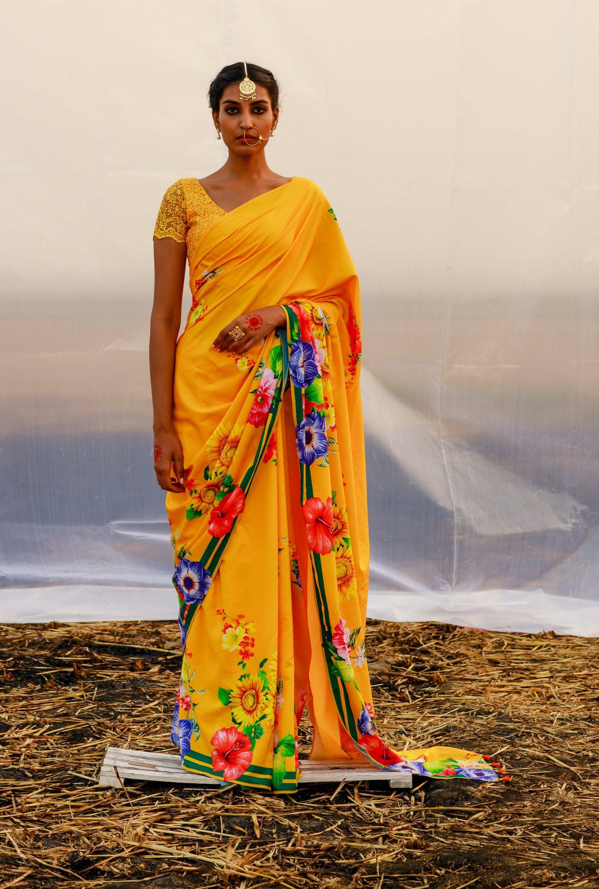 Crepe Printed Saree - yellow saree Australia
