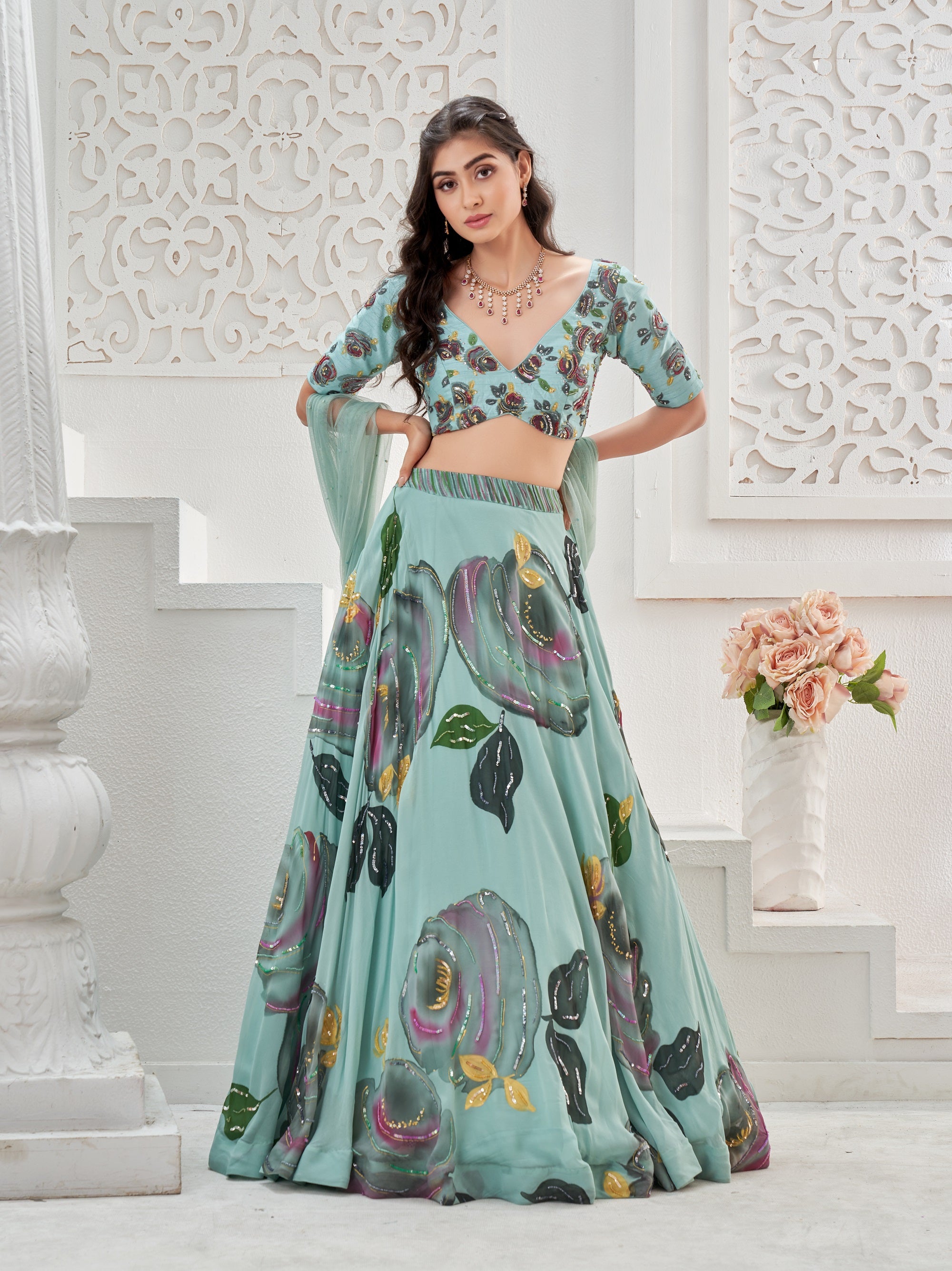 Dusty Blue Hand Painted Lehenga Set