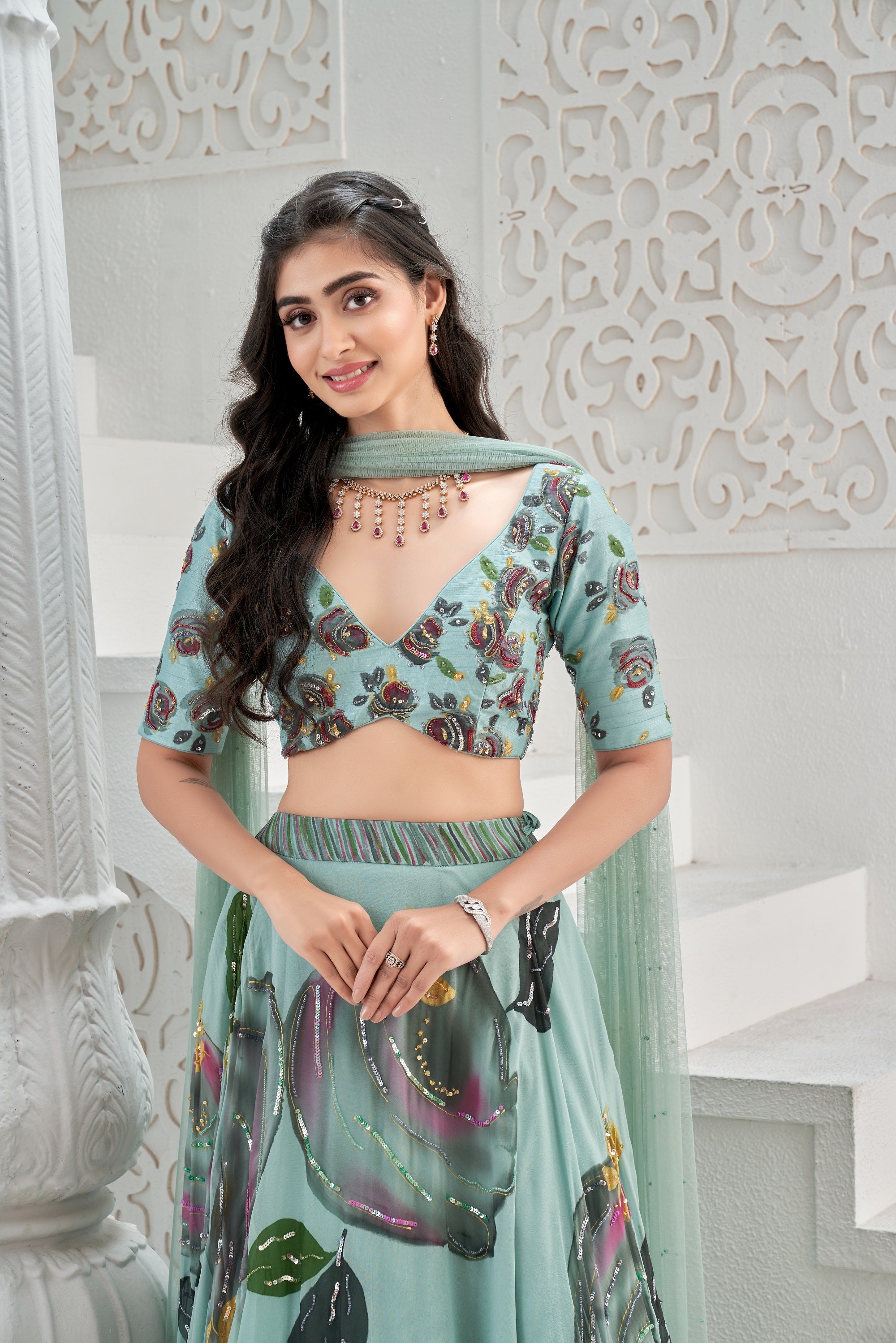Dusty Blue Hand Painted Lehenga Set