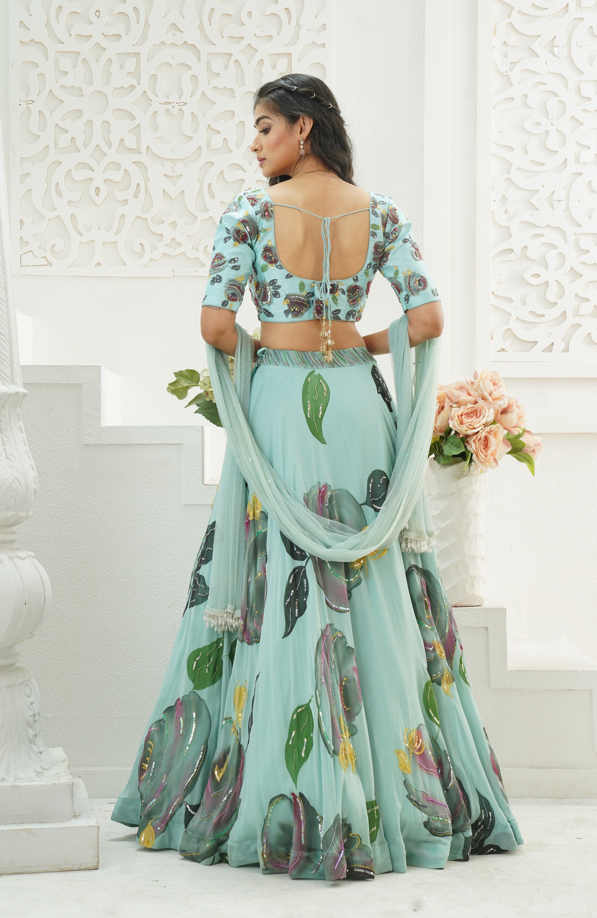 Dusty Blue Hand Painted Lehenga Set