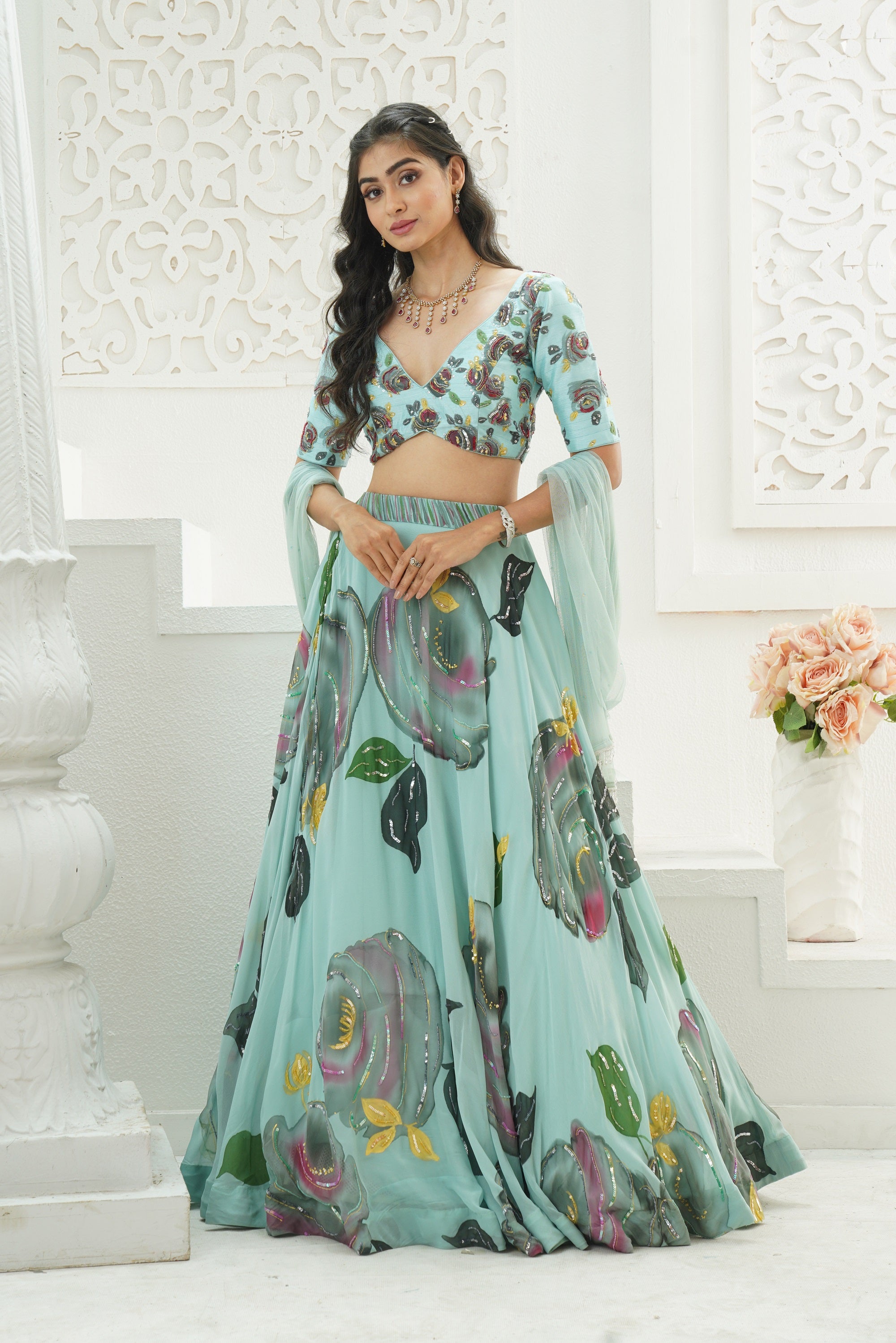 Dusty Blue Hand Painted Lehenga Set