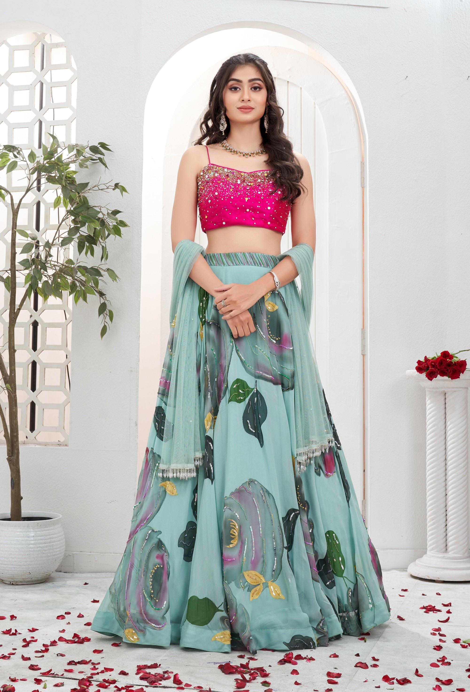 Dusty Blue Hand Painted Lehenga with Pink Embroidered Bustier
