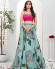 Dusty Blue Hand Painted Lehenga with Pink Embroidered Bustier