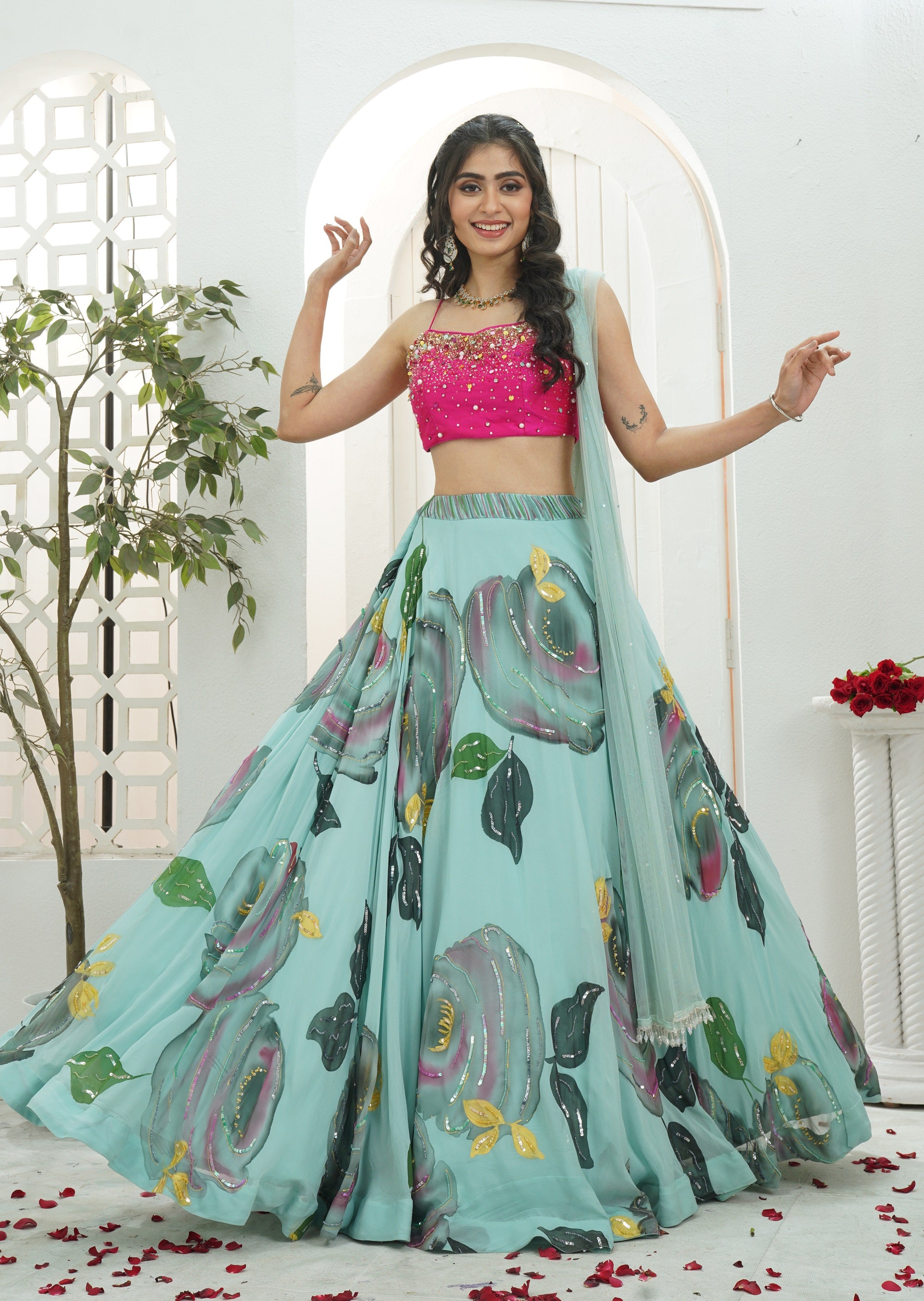 Dusty Blue Hand Painted Lehenga with Pink Embroidered Bustier