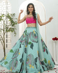 Dusty Blue Hand Painted Lehenga with Pink Embroidered Bustier