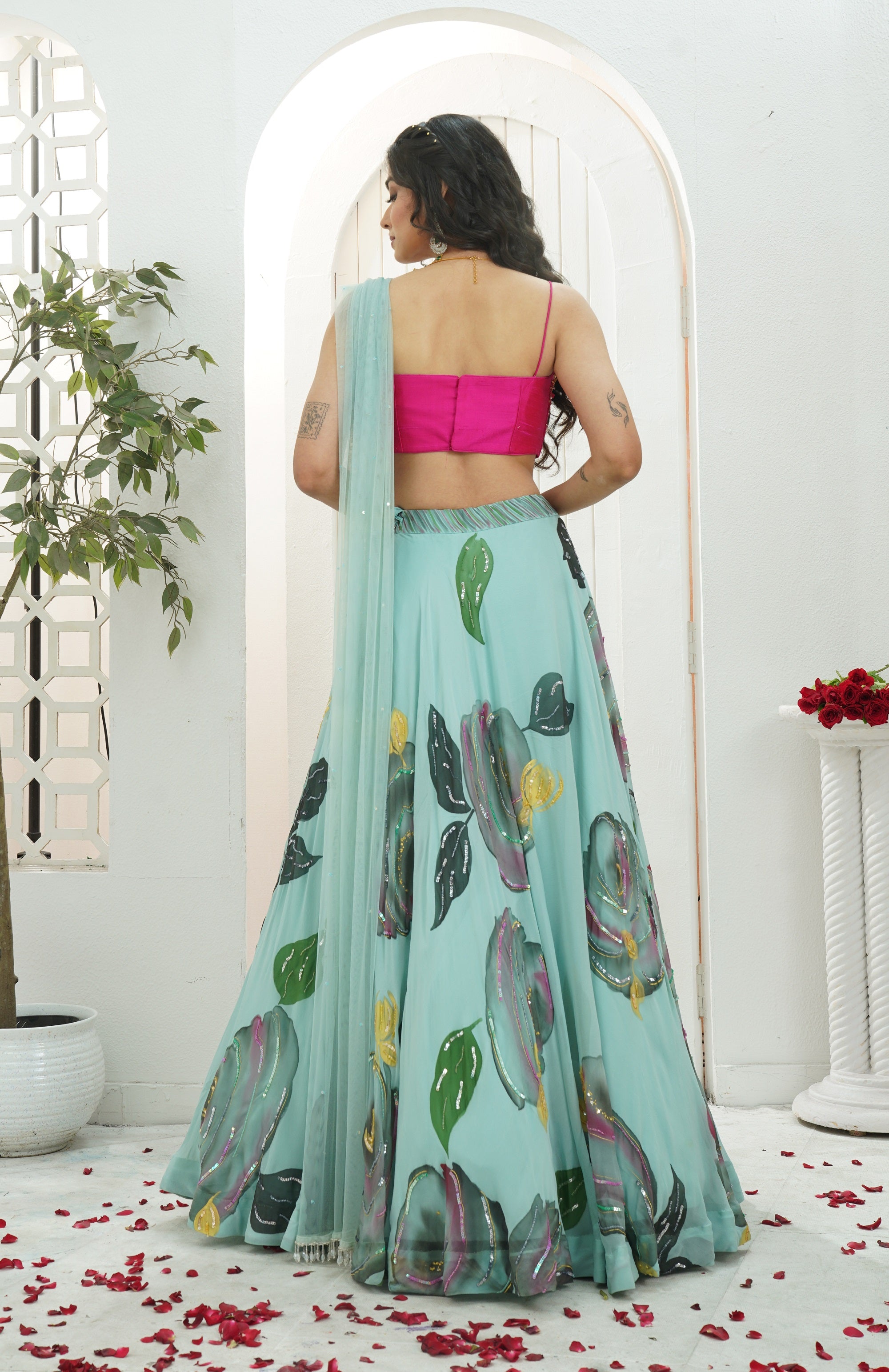 Dusty Blue Hand Painted Lehenga with Pink Embroidered Bustier