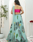 Dusty Blue Hand Painted Lehenga with Pink Embroidered Bustier