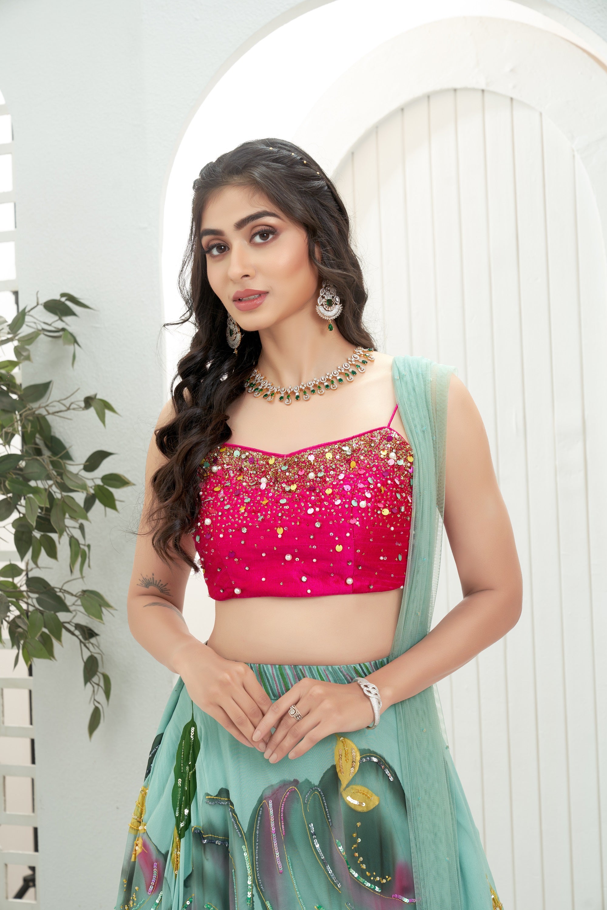 Dusty Blue Hand Painted Lehenga with Pink Embroidered Bustier