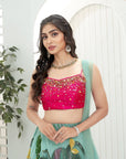 Dusty Blue Hand Painted Lehenga with Pink Embroidered Bustier