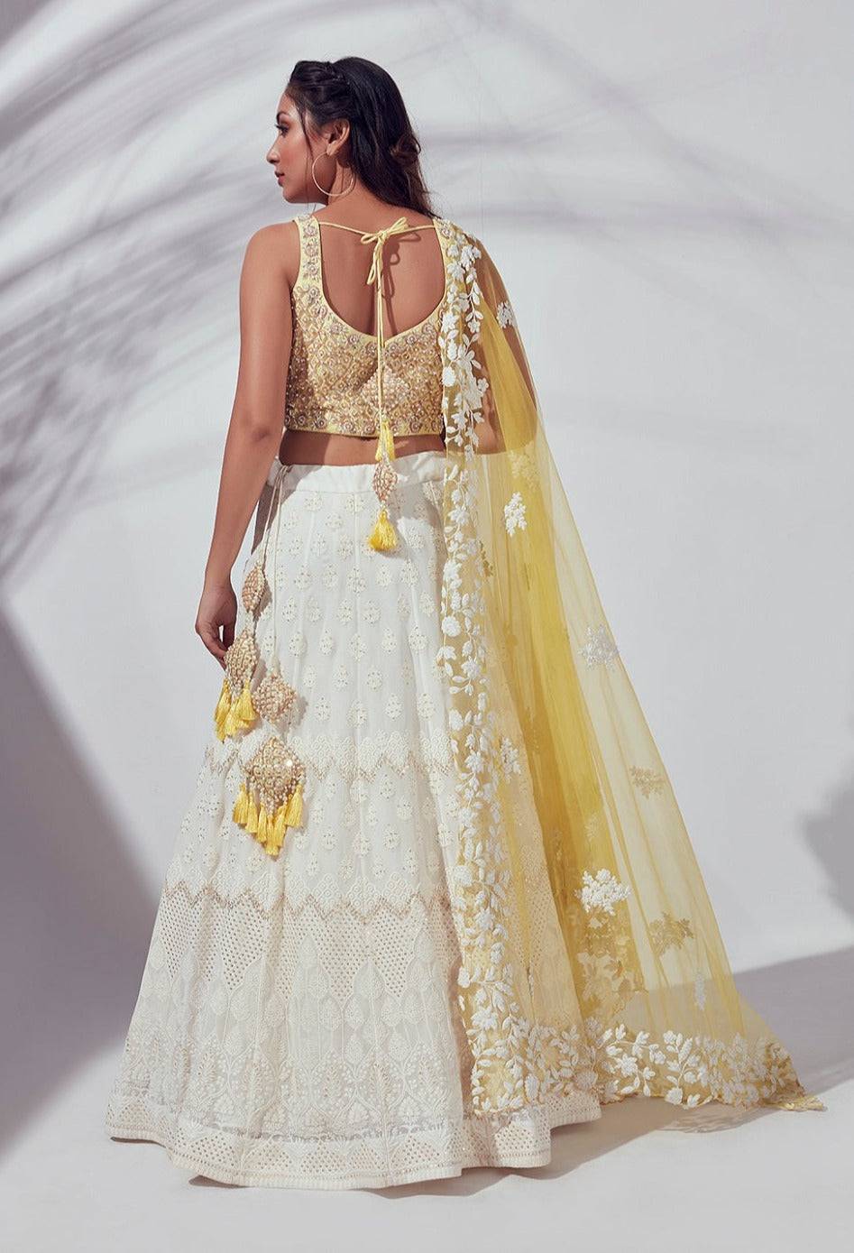 Embroidered Yellow & Ivory Lehenga Set - ivory lehenga New Zealand