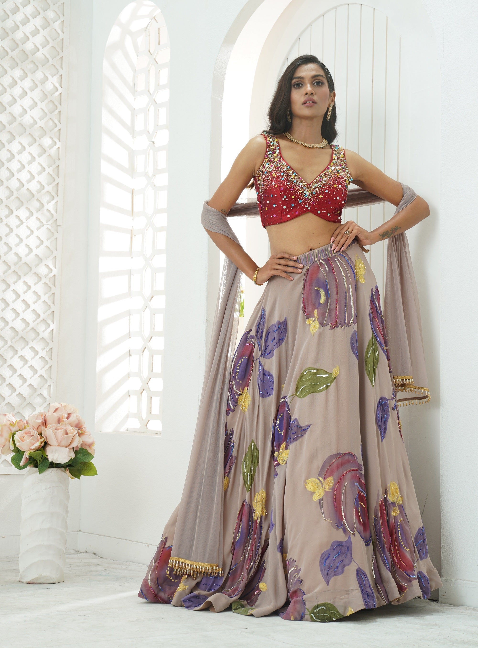 Hand Painted Lehenga and Embroidered Red Blouse Set
